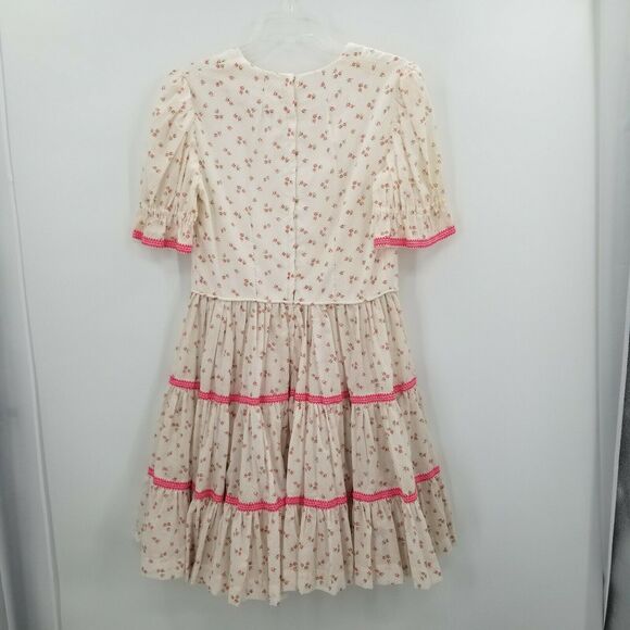 Vintage Floral Fit & Flare Mini Dress Short Puff Sleeves Scoop Neck Ivory - Picture 7 of 11